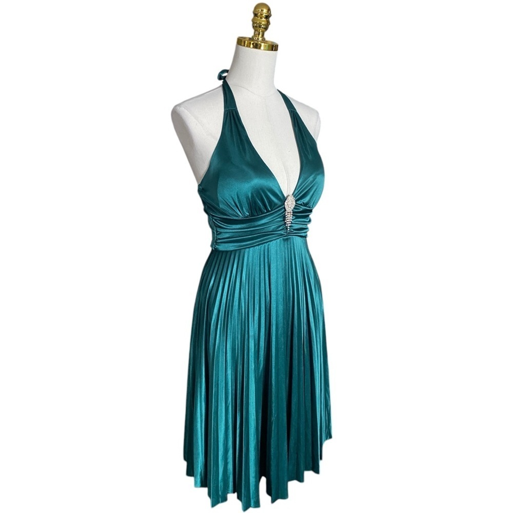 Green Y2K Homecoming Pleated Halter Fit-Flare Cocktail Mini Babydoll Dress Sz M - Picture 3 of 8